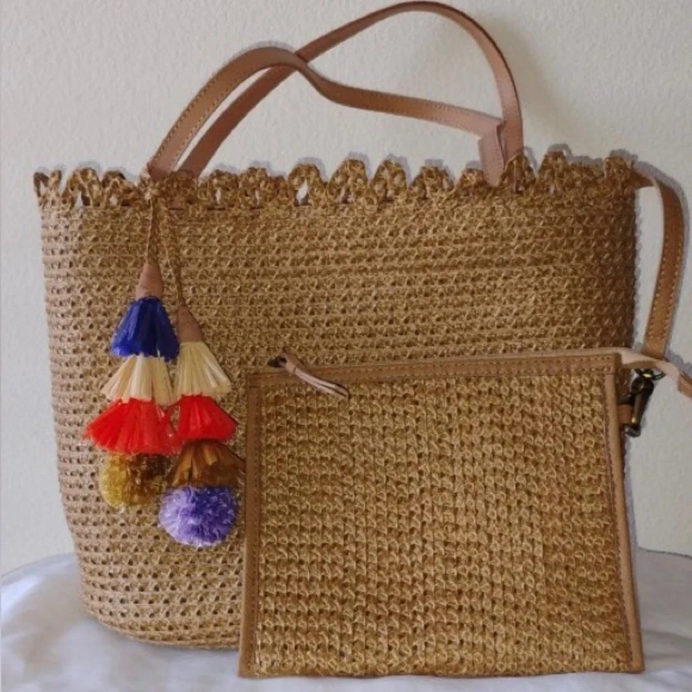 Eric Javits Woven Straw Tote Bag with Colorful Tassel Charm - Natural Brown NWOT
